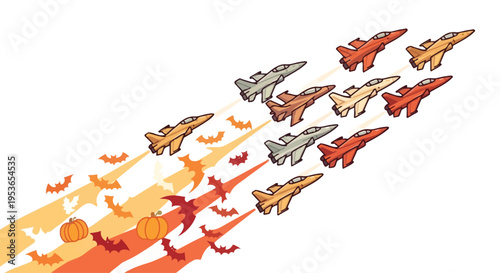Formation of fighter jets flies diagonally upward leaving trails of orange smoke and small decorative bats and pumpkins.
