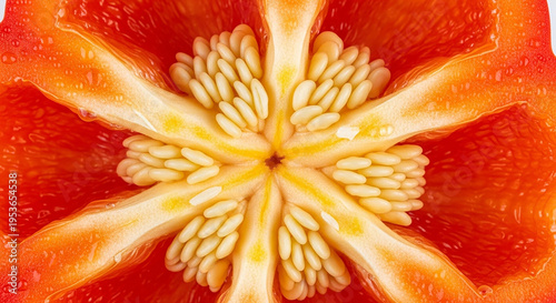 Fotografija A close-up view of the inner seeds and pulp of a vibrant orange bell pepper cut