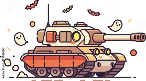 Cute cartoon tank with friendly ghost companions and flying bats celebrates a whimsical Halloween military theme.
