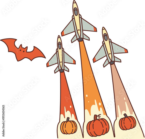 Three fighter jets perform an aerial maneuver leaving colorful trails that terminate in stylized pumpkins while a bat flies nearby.