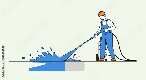 Worker pressure washing pavement with water spray and hose