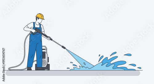 Worker cleaning floor with pressure washer and splashing water