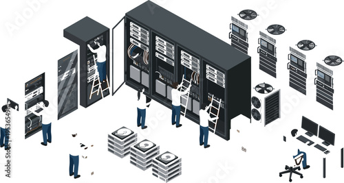 isometric data center server maintenance technicians installing hardware network racks storage systems cloud infrastructure cad drawing flat vector illustration
