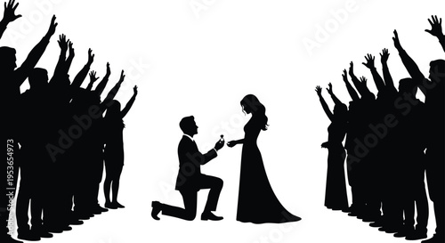 Man proposing to woman silhouette with cheering crowd in CAD drawing flat vector illustration isolated on white background romantic scene (20 words)