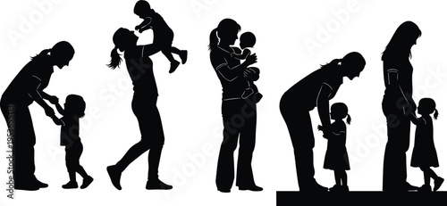 Mother and child silhouettes parenting love family care nurturing moments motherhood bonding kids lifestyle vector illustration set design concept