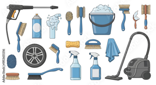 Car detailing tools collection with brushes bottles vacuum and bucket