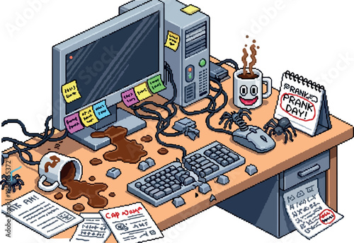A messy office desk with a spilled coffee, computer, keyboard, mouse, and a calendar marking 'Frank Day', with spiders lurking