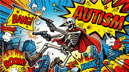 Dynamic Comic Book Style Superhero Skeleton with Red Cape and Autism Text - Vibrant Pop Art Action Illustration for Awareness and Neurodiversity