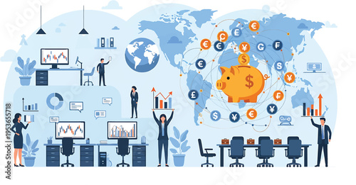 Global financial investment and business strategy with piggy bank.