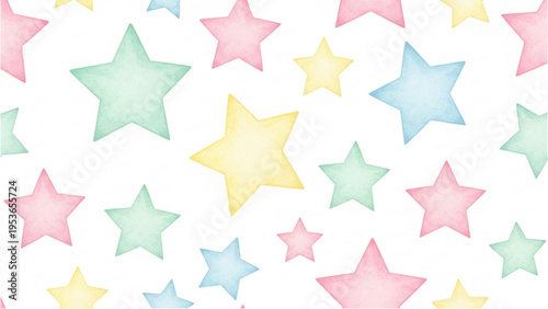 A vibrant display of colorful stars scattered across a white background with various pastel hues.