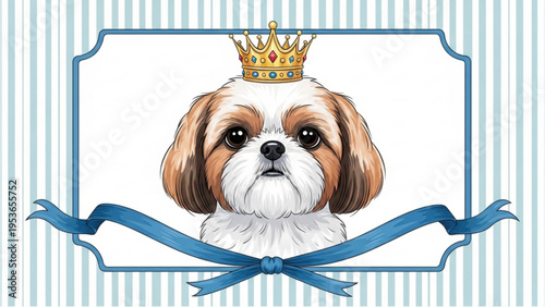 Illustration of a regal shih tzu dog wearing a crown and blue ribbon