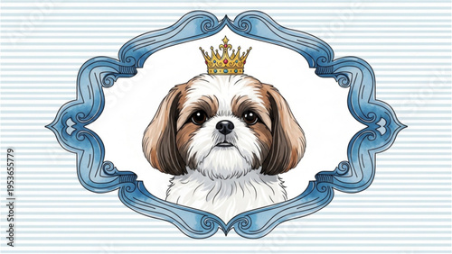Regal Shih Tzu wearing crown in ornate blue frame illustration