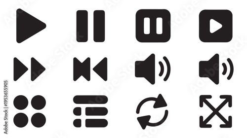 Collection of media player icons in solid black style for digital interfaces and web design