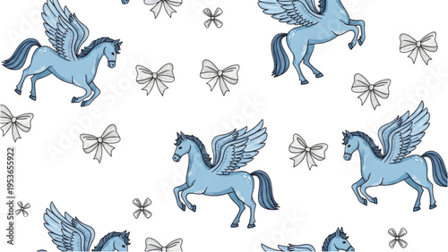Winged horses fly among decorative bows in a whimsical scene with mythical creatures and ribbons.
