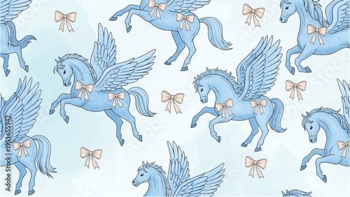 Blue winged horses fly with bows on a light blue background illustration