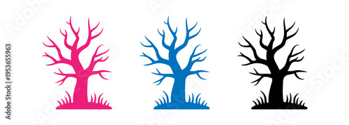 colorful silhouette icons of leafless trees standing in small patches of grassy ground area