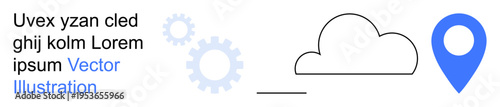 Cloud storage, geolocation mapping, data management, SaaS solutions, internet services, IT infrastructure. Minimalist design with a cloud outline, location pin and gears. Cloud storage