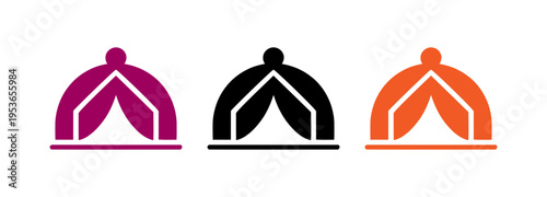 Three colorful dome tent icons representing outdoor camping gear and adventure travel equipment