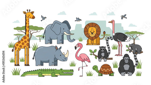 Wildlife scene with various animals gathered in a serene savannah environment