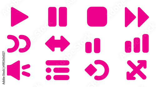 Magenta pink color media control icon pack for modern mobile app user interface and website navigation kit