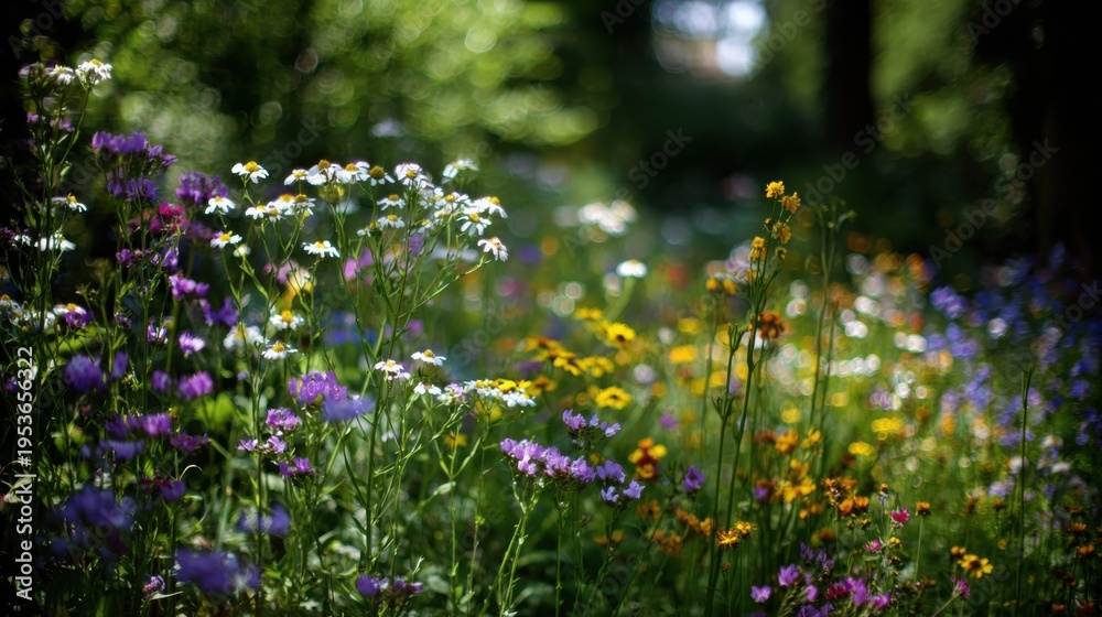 Obraz premium A riot of diverse colorful blooming flowers in a lush summer garden in full bloom, showcasing nature's vibrant tapestry and delicate beauty.