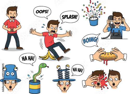 Humorous Cartoon Illustrations of Mishaps, Surprises, and Funny Situations for Entertainment and Comedy