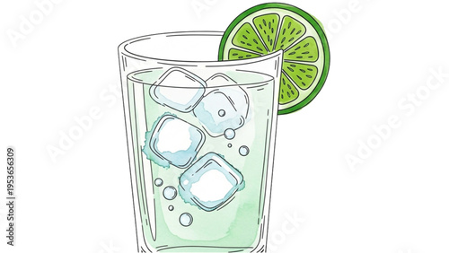 A refreshing glass of green drink with ice cubes and a lime wedge on the side