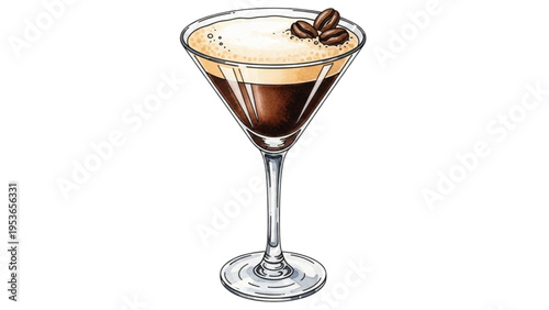 A rich espresso martini garnished with coffee beans in a glass.