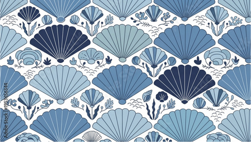 The illustration showcases various blue seashells and seaweed on a white background.