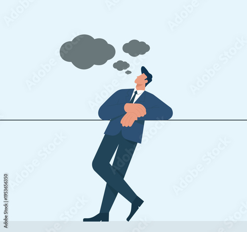 Pensive businessman leaning and thinking with dark thought clouds overhead, flat vector illustration of stress, contemplation, or mental burden, Deep in Thought, Overthinking and Stress