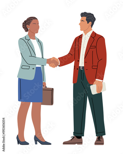 Two professionals shake hands with confident smiles. One carries a briefcase, the other holds papers. They stand facing each other, showing trust and agreement. Illustration style is clean and modern