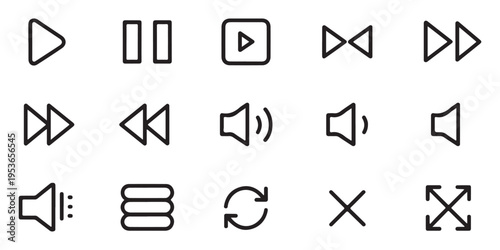 Variety of media player icons in outline format for digital interfaces and web applications
