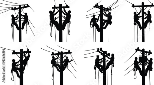 Black silhouette illustration of utility workers climbing and repairing power poles with safety gear, perfect for themes of teamwork, electricity, and industrial design.Black silhouette i
