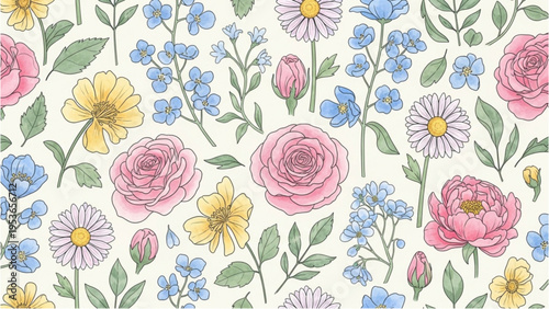 Vibrant floral pattern with roses, lilies, and daisies in full bloom on fabric