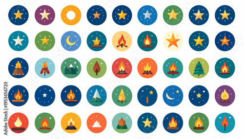 Colorful icons of stars moons flames.