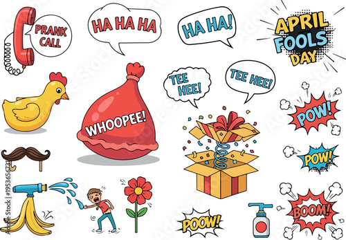 Funny April Fools' Day pranks and jokes illustrations featuring a rubber chicken, whoopee cushion, mustache, and popping surprise box