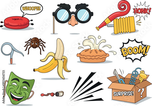 A humorous collection of funny props and surprise elements for parties and celebrations, including masks, noisemakers, and a playful pie splash