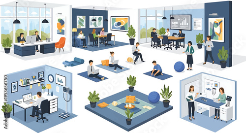Isometric office spaces with people working and engaging in wellness activities.