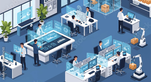 Isometric view of a modern data center with people and robots working.