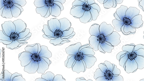 Blue flowers are blooming in a beautiful floral pattern on white