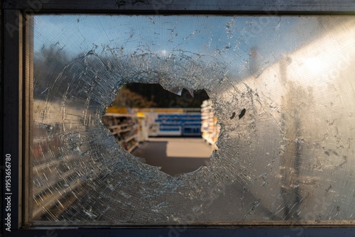 A broken window of a local supermarket, robbery, crime, theft