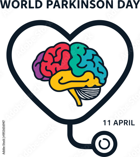 World Parkinson Day awareness vector with stethoscope heart and colorful brain design for medical health event promotion