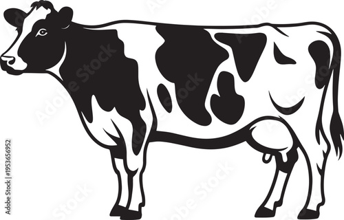 Cow, depicted as a black and white line art illustration, shows a side profile of a dairy cow with distinctive black and white spots, standing on grass, perfect for agricultural, farming,.