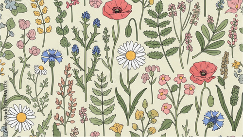 Vibrant flowers and lush greenery form a colorful garden landscape scene