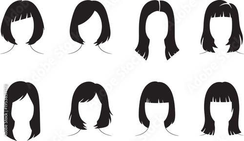 A grid arrangement presents eight different black silhouette illustrations of women's mid-length hairstyles, useful for cataloging various contemporary looks and styling guides.