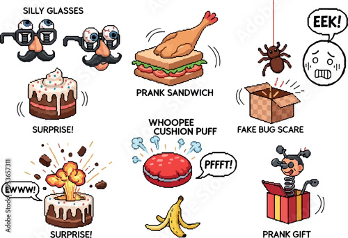 A collection of funny pranks and gags including silly glasses, a surprise cake, a whoopee cushion, and a fake bug scare