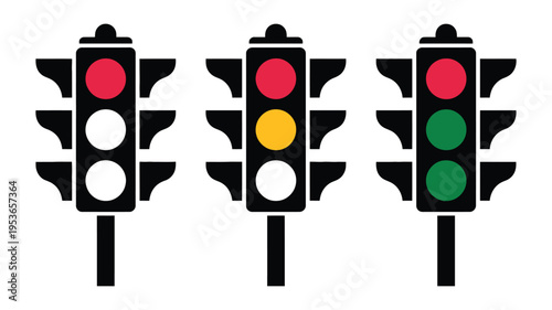 Traffic signal light icon set, vector illustrations of red, yellow, and green lights, minimal and modern design for road safety, transportation