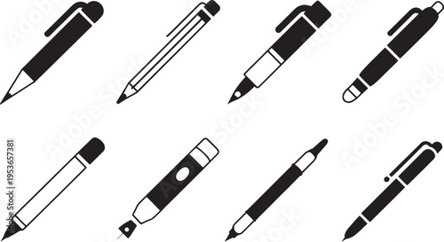 Nine different types of sophisticated writing instruments, including fountain pens and mechanical pencils, are presented in a uniform vertical alignment on a clean white background for reference.