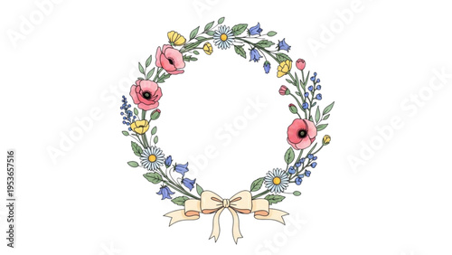 A floral wreath with pink flowers and a ribbon is on display.