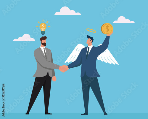 Flat vector illustration of an entrepreneur with a profitable idea shaking hands with an angel investor providing financial funding, Angel Investor Funding, Startup Business Partnership